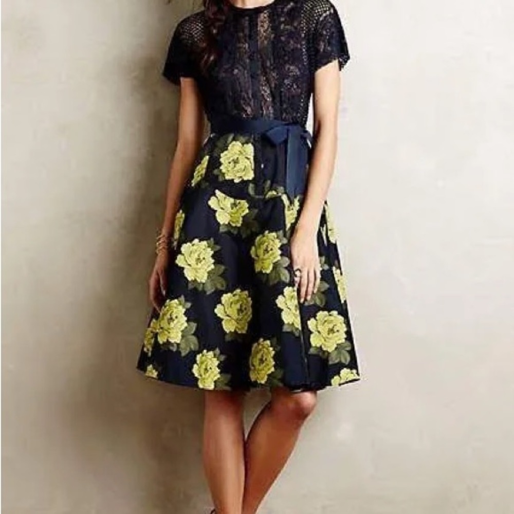 Black Lace Top Navy Skirt Dress with Yellow Floral Print